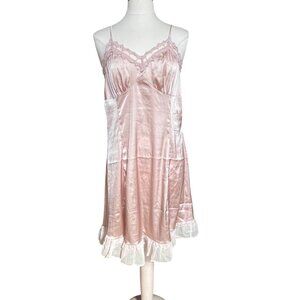 Nude Satin Slip Dress Chemise Slip Lace Trim Ruffled Babydoll Belle Poque Large‎